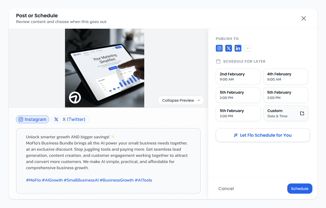 Post or Schedule dialog: the post's image and caption with Instagram and X tabs, platforms to publish to, suggested dates and times, a custom date and time, and Let Flo Schedule for You