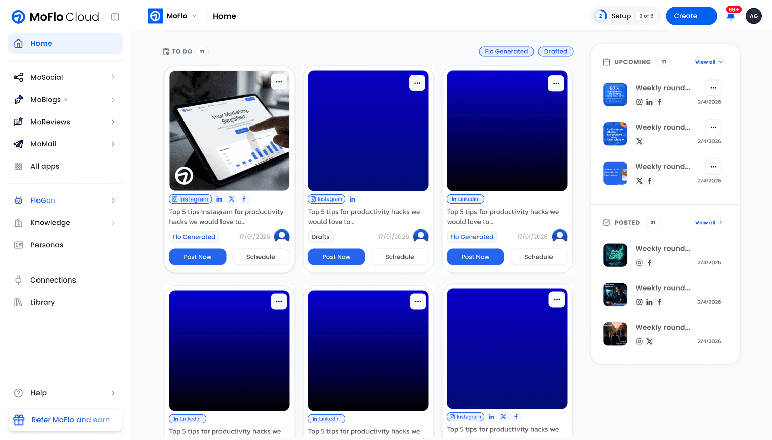 The live MoFlo posts page: a To do grid of drafts, each marked Flo Generated or Drafts with Post Now and Schedule buttons, beside lists of upcoming and posted content