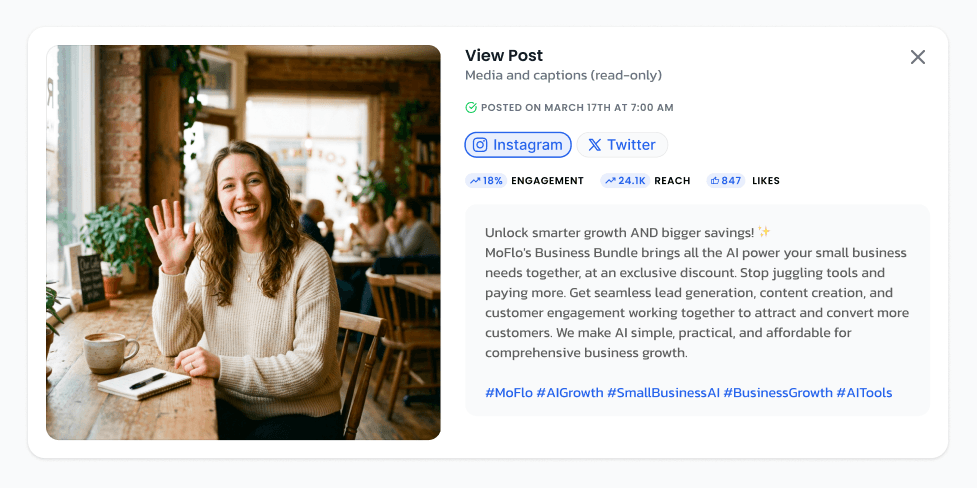 View Post dialog for a published post: the image and caption marked read-only, posted March 17th, with Instagram and Twitter tabs and 18% engagement, 24.1K reach and 847 likes